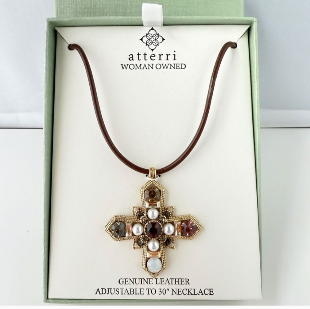 🤎 ▪️ATTERRI ▪️Genuine Leather  Jeweled Cross Pendant 30" Necklace